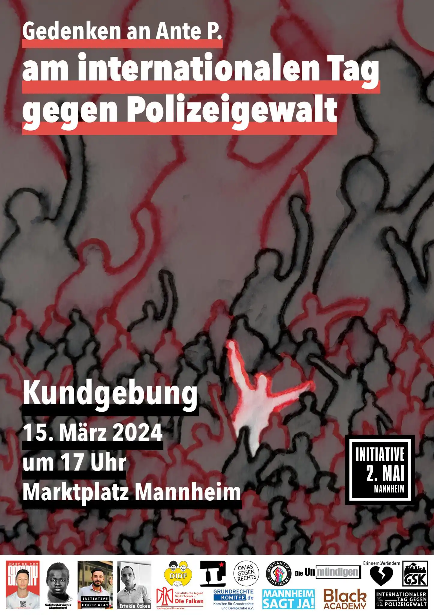 alt="Plakat der Veranstaltung. Im Hintergrund zeigt ein Bild in Bleistift und Aquarellfarben gezeichnet viele sich meldende Menschen in roter und schwarzer Farbe."